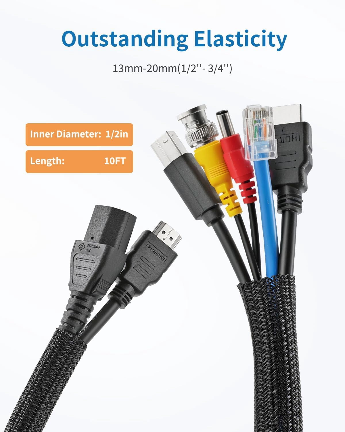 10ft - 1/2 inch Cable Sleeve Cord Protector, Split Braided Wire Loom Tubing for TV Computer USB Cable Organizer, Cable Management Cord Protectors from Pets no Chew, Black (with 10 Zip Ties)