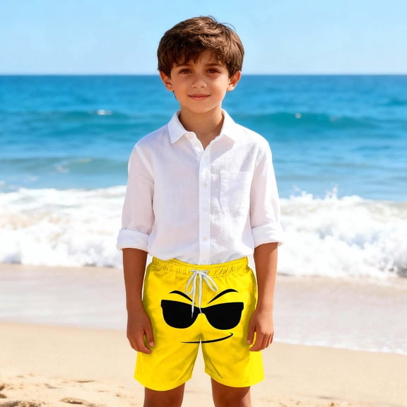 Twczz Boys Funny Graphic Swim Trunks with Pockets- Elastic Waist Drawstring Quick Dry Beach Shorts Yellow Size 8