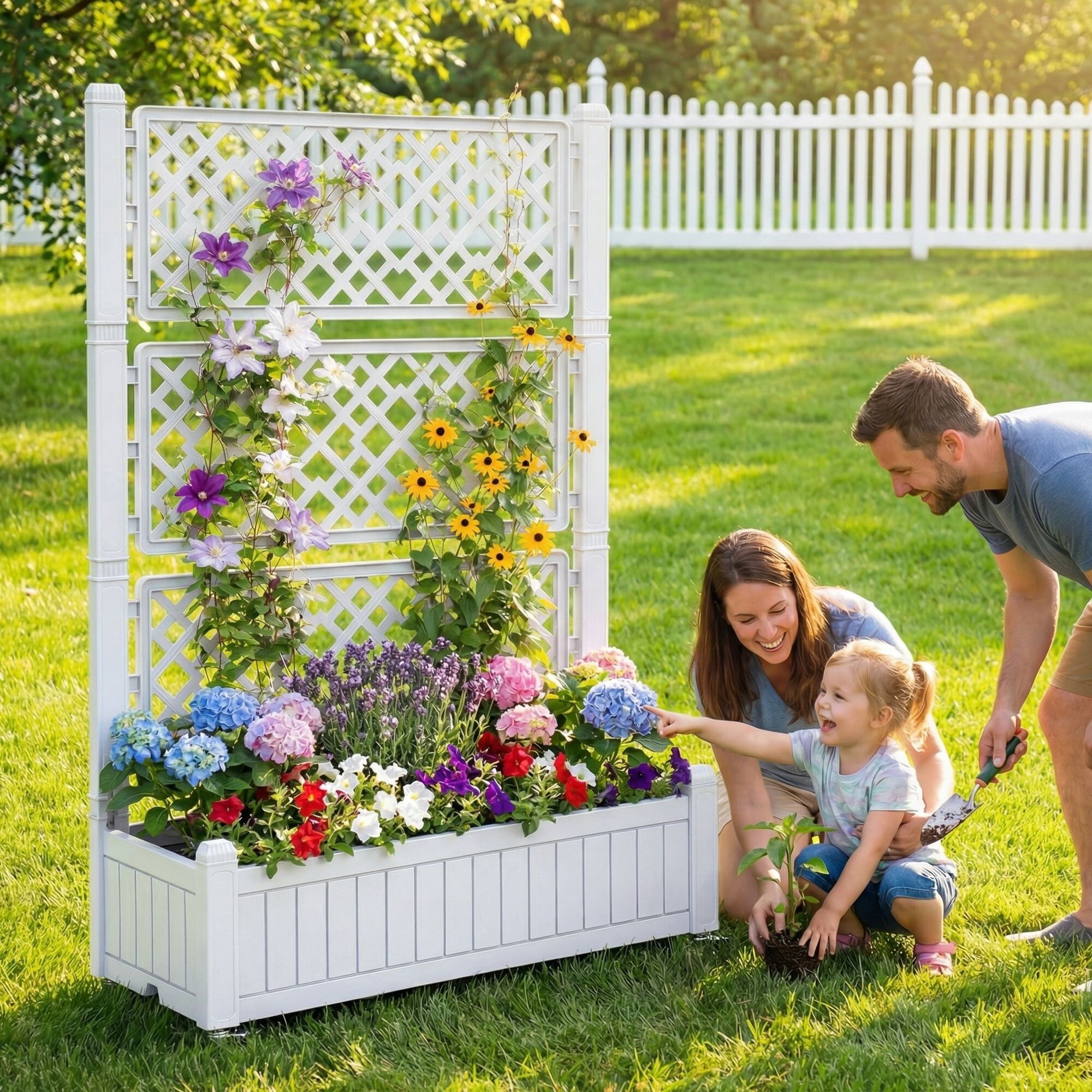 Uforic Outdoor 42.5x14.2x61 in Privacy Screen & Planter Box with Trellis, Raised Garden Bed with Wheels & Drain Plug, All-Weather White Planter for Climbing Plants, Flowers, Herbs