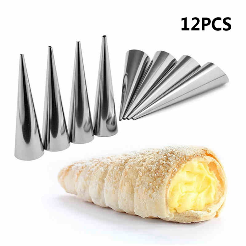 Cream Horn Baking Cones Tool Stainless Steel Pastry Croissant Mould with 1 PC Cleaning Brush for Dessert Bread Baking 12 PCS Cream Horn Cones Molds 