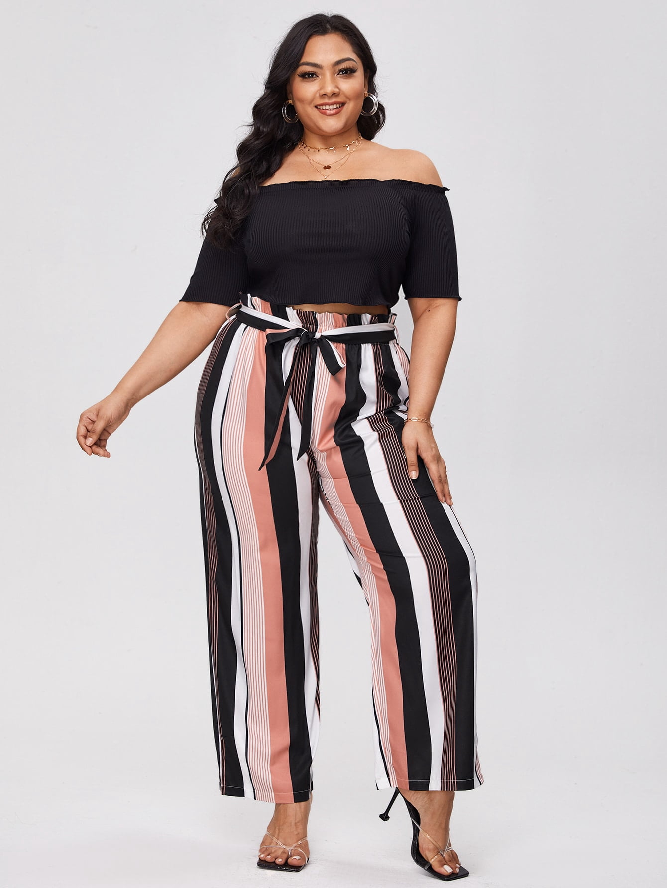 Rib Tee \u0026 Striped Straight Pants 