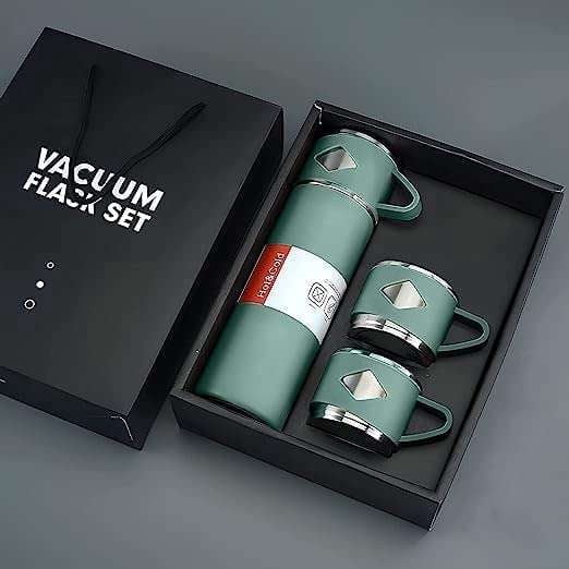 Stainless Steel 500ml Vacuum Insulated Flask Set with 2 Cups | Double Wall Thermo Bottle Hot & Cold | Leakproof Travel Water Bottle Gift Set for Office, Gym & Outdoor (Green)