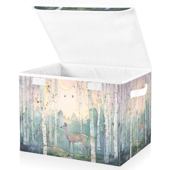 Yayeee Collapsible Cube Storage Bin with Lid Fabric Closet Decorative Basket with Handles, Night Deer