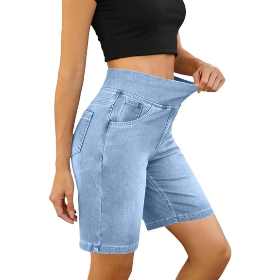 jjayotai Plus Size Jean Shorts for Women High Waisted Stretchy Pull on Denim Shorts Knee Length Jorts with Pockets