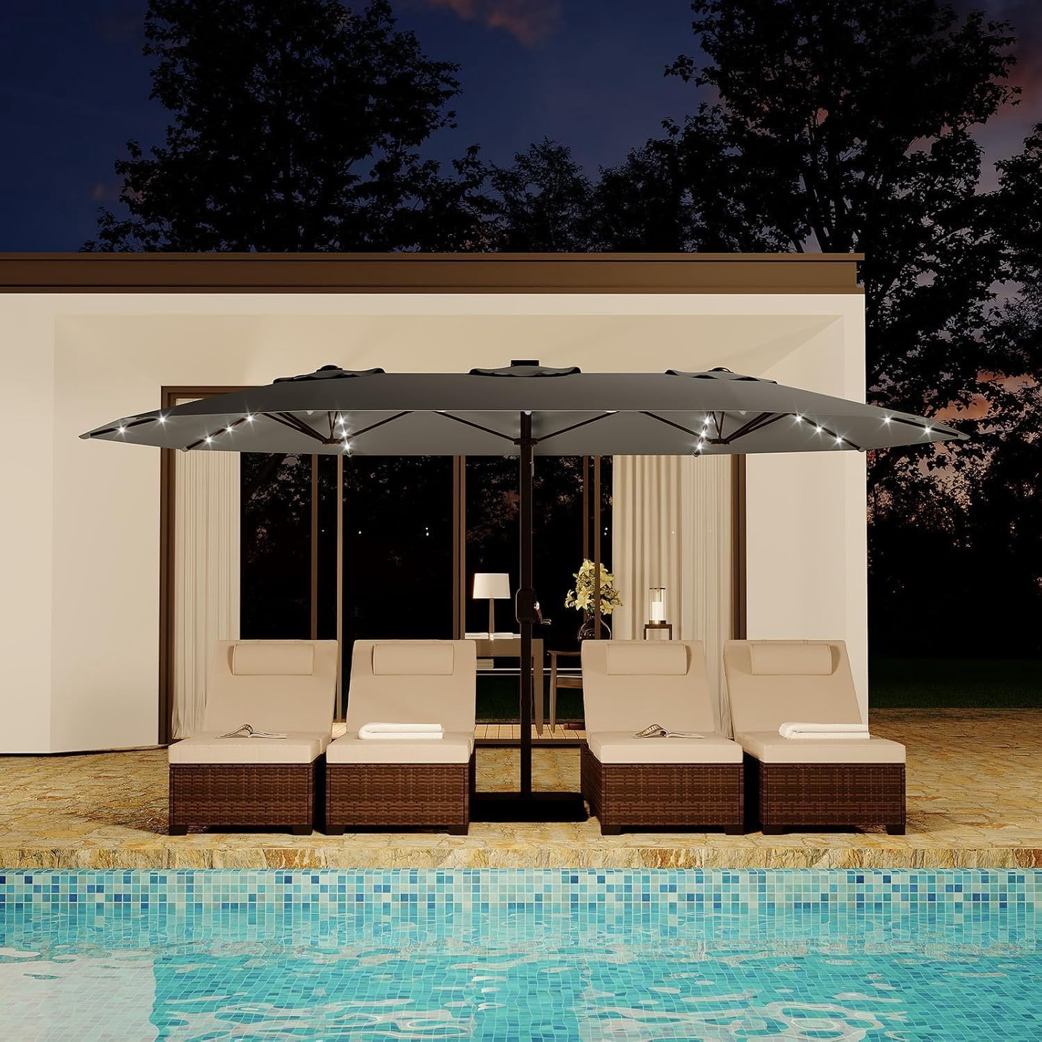 15 Ft Rectangular Patio Umbrella with Solar Lights & Base Included - Large Patio Umbrella with Crank Handle 36 LED Lights, UV Protection for Outdoor Market, Backyard, Deck, Pool, Grey