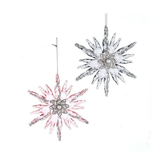 Set of 2 PINK & GRAY SNOWFLAKE Christmas Ornaments, by Kurt Adler