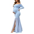 thumbnail image 7 of Jamicy Maternity Maxi Dress Long Sleeve Solid Color Mesh Split Hem Off Shoulder Pregnancy Photography Gown for Baby Shower Photoshoot Party, 7 of 7