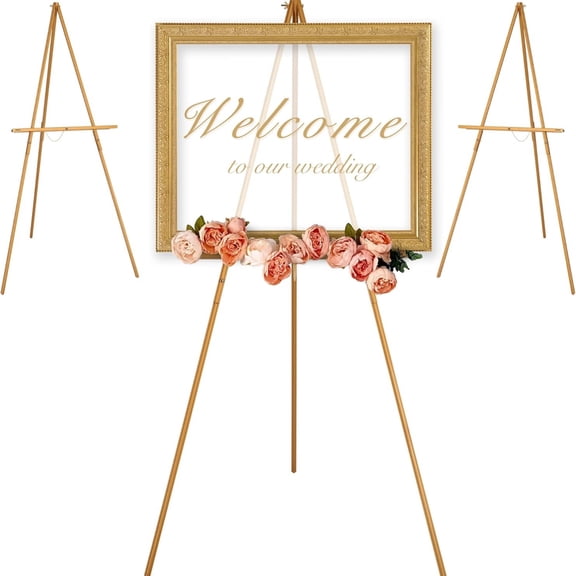3Pcs 63" Gold Easel Stand for Wedding Signs, Adjustable Wooden Display Easel with Holder, Tripod Floor Easel for Welcome Board, Poster, Picture, Photos, Paintings