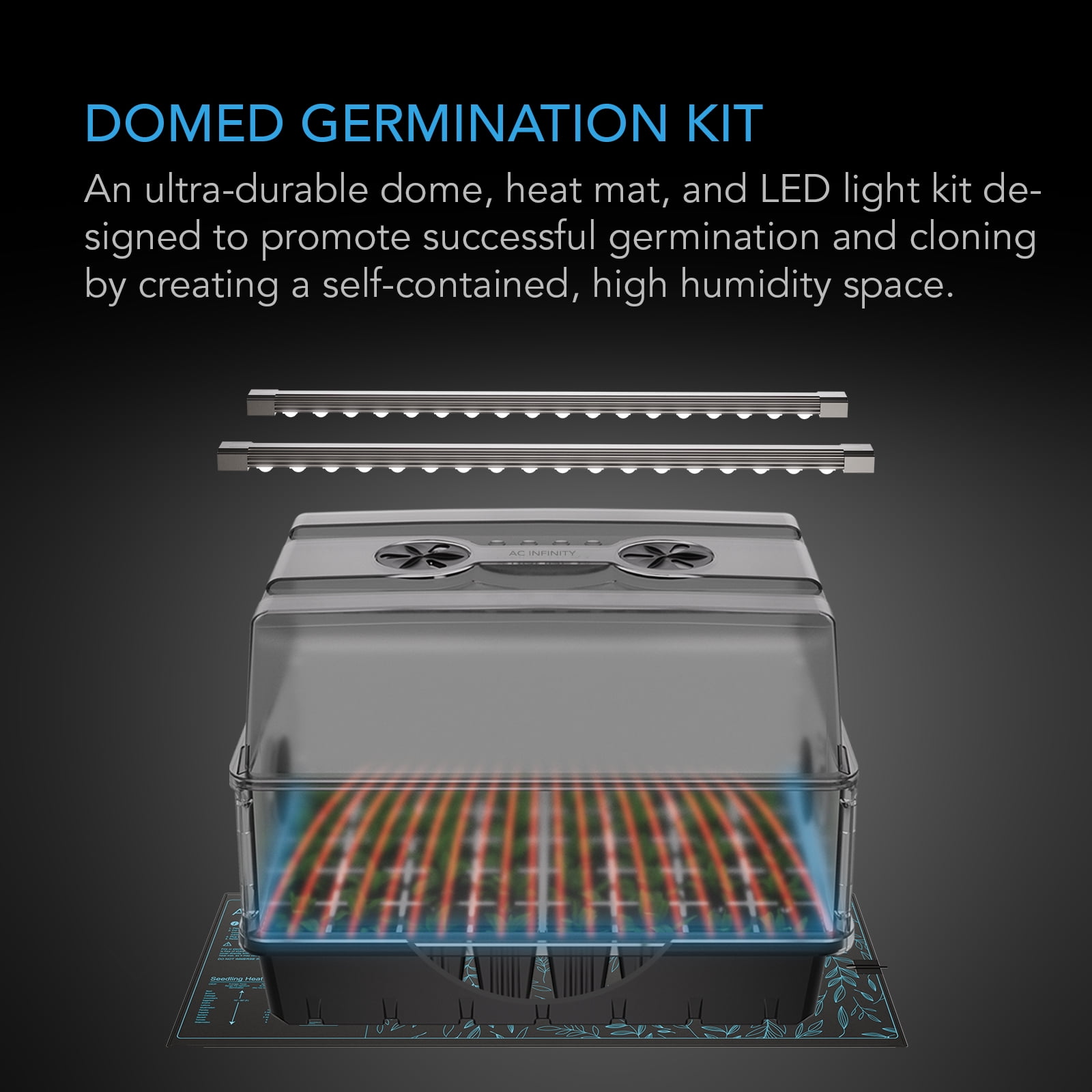 AC Infinity Heavy-Duty Humidity Dome 5x8 Germination Kit, Full Spectrum LED Grow Light Bars w/ Samsung LM301H EVO LEDs, Heat Mat, 3 mm Thickest Dome, Trays, Vented Panels, for Seed Starting