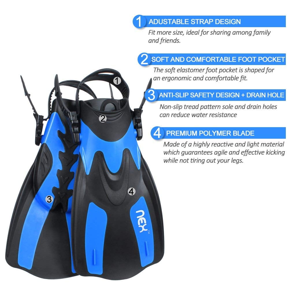 Adult Adjustable Snorkeling Diving Fin- Short Blade, Adjustable Flippers, Diving Equipment, 1 Pair – Blue Large Size