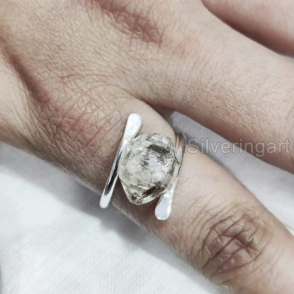 Natural Herkimer Diamond Ring, Rough Herkimer Diamond Ring, Birthstone, Cross Band, 925 Sterling Silver, Womens Ring, Christmas, Thanksgiving, Handmade, Statement Jewelry, Rough Gemstone Jewelry