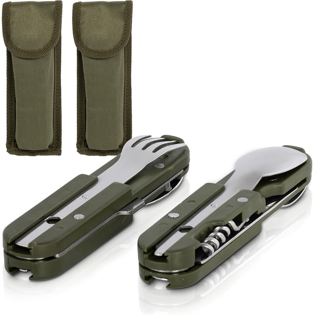 Cubiertos De Camping Militares De Acero Inoxidable, 3 Piezas, Con Bolsa De Transporte, Aptos Para Lavavajillas Y Resistentes A La Corrosión