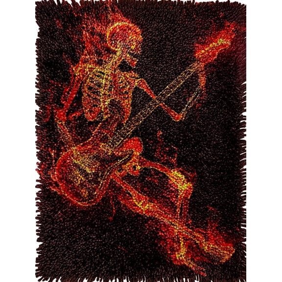 Fire Skeleton Play Guitar Latch Hook Kits Rug Crochet Yarn Pre-Printed Cushion Embroidery Needlework Carpet Cover DIY Hook and Latch Kit Tapestry Christmas Decor 38x52cm
