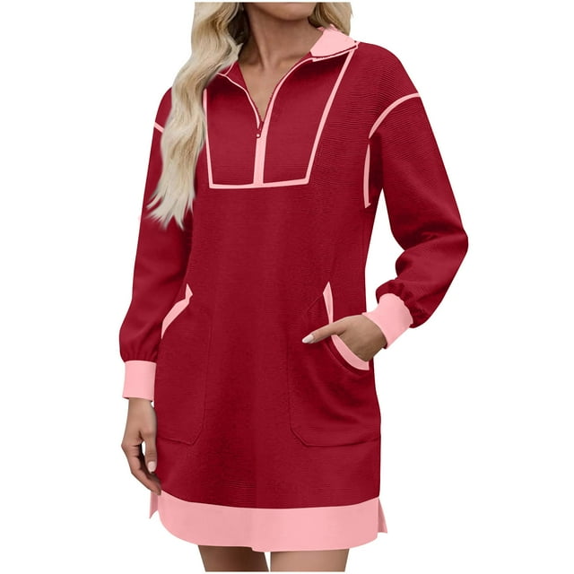 Lovzfmll Jupe-chemise de Sport pour Femme avec Demi-Fermeture Éclair, Col en V, Manches Longues, Robe Décontractée à Couleurs Contrastantes, Rouge, M