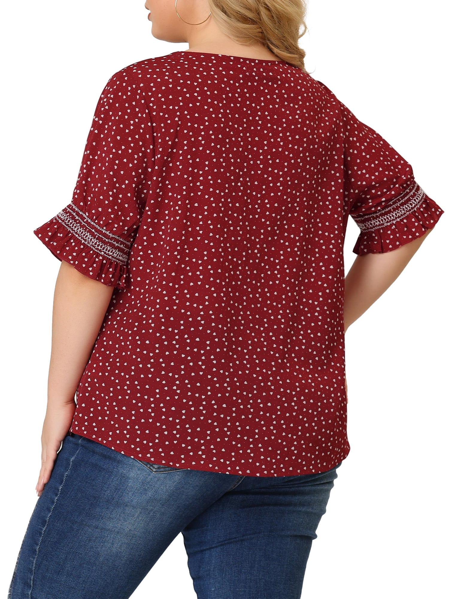 Unique Bargains Women's Plus Size Dots Heart Smocked Short Sleeve Blouse 2X Red