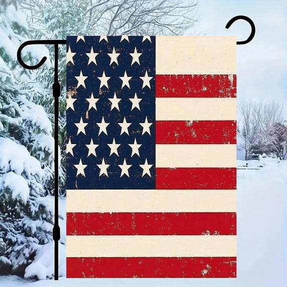 RKSupls Patriotic Linen Double Sided Garden Flag, Independence Day Themed Yard Decor, Vintage Worn American Flag Outdoor Banner for Holiday Lawn