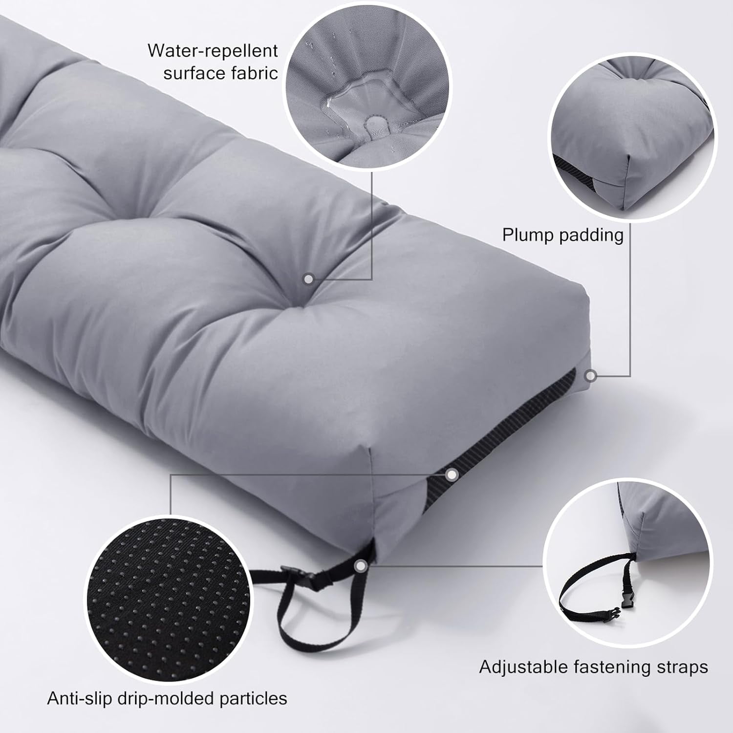 Galenzoov 46×16 Outdoor Bench Cushion, Blue Shredded Memory Foam, Waterproof Fade Resistant Patio Furniture Cushion, Light Grey