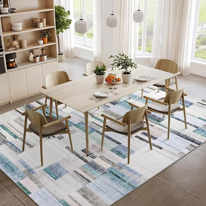 Living Room Rug 5x7, Machine Washbale Area Rugs Modern Geometric Patchwork Carpet Non-Slip Stain Resistant Farmhouse Door Mats Non-Shedding Foldable Rug for Dining Room, Bedroom, Blue