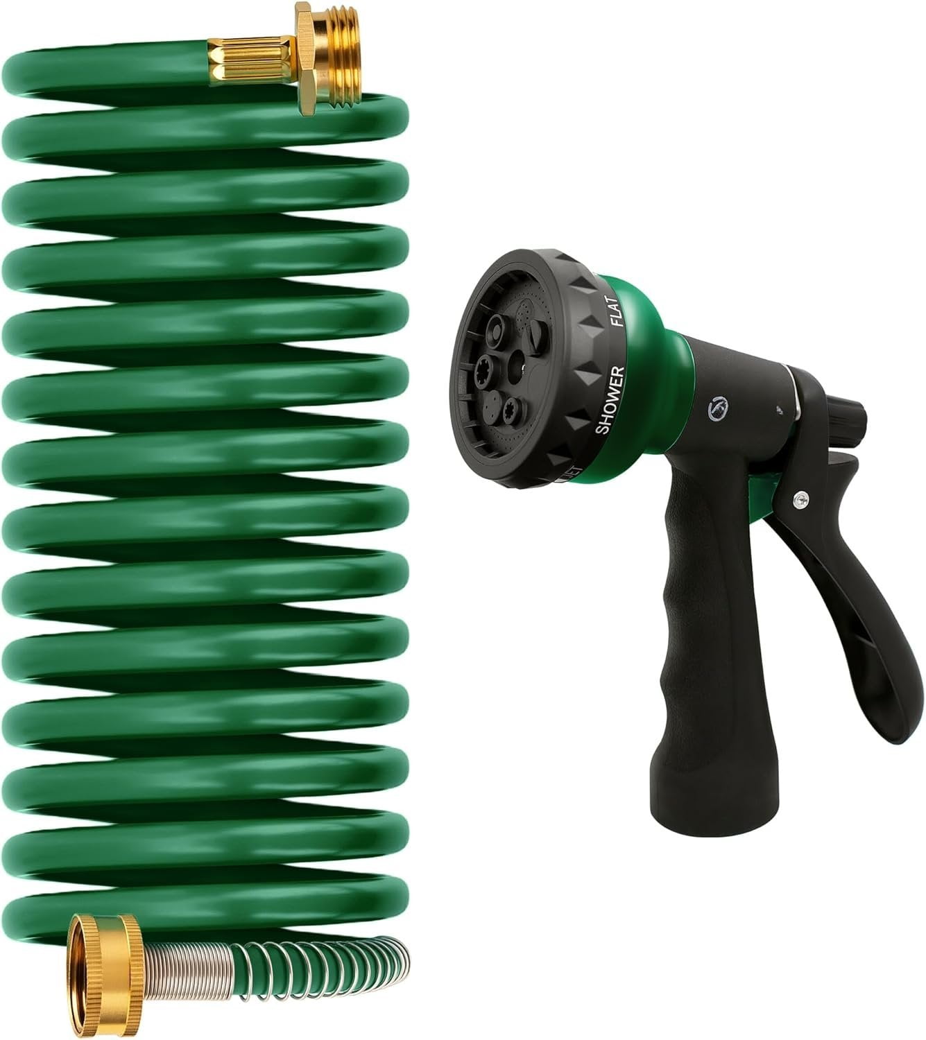 Coil Garden Hose 15 ft, EVA Curly Water Hose with Brass Connectors,  Garden Water Hose,Includes 7- Function Sprayer,Retractable, Resistant Garden Coil Hose.