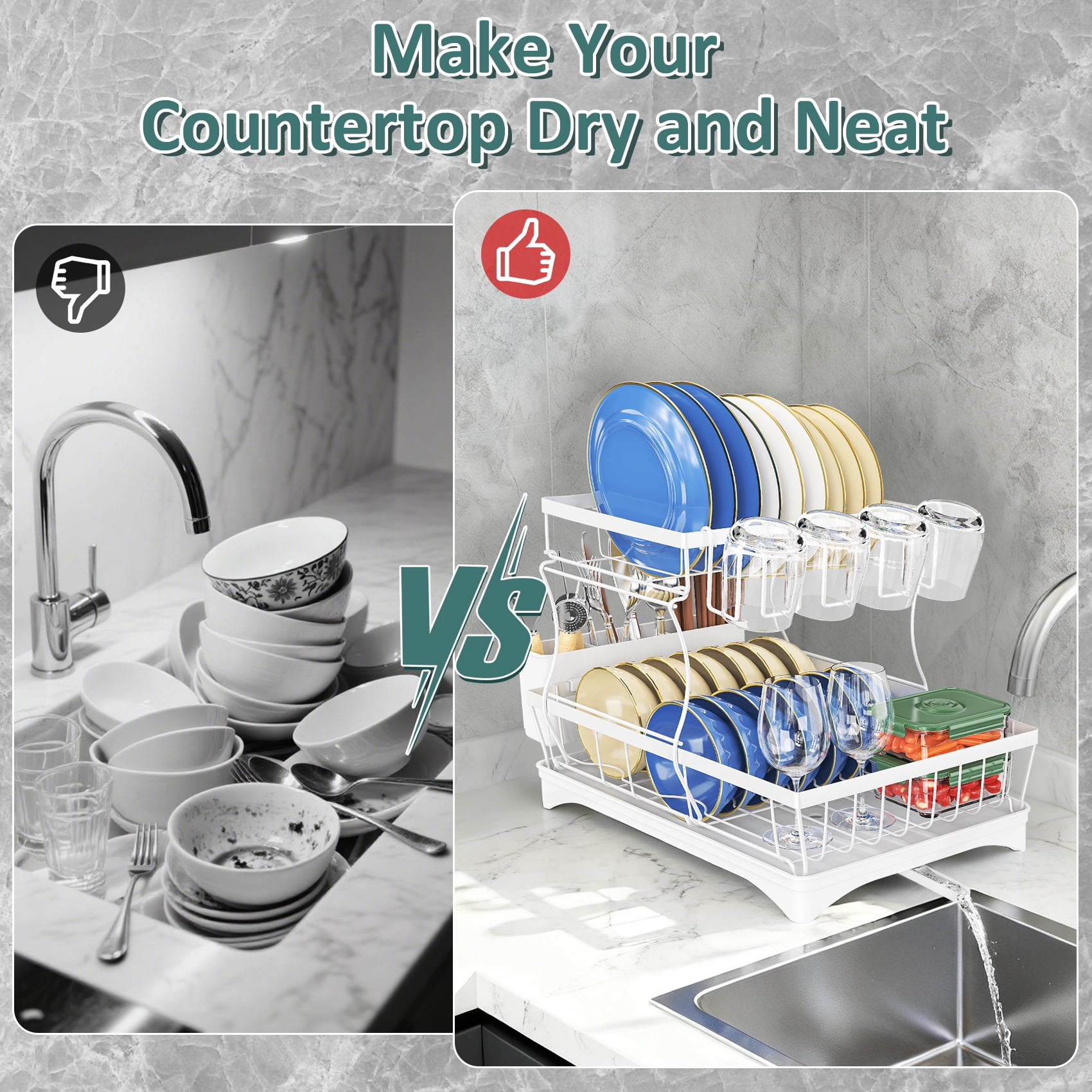 Glovv Large Capacity Dish Racks for Kitchen Counter, 2 Tier Collapsible Over the Sink Dish Rack,Versatile Dish Drying Rack with Auto Drainage System and Breathable Mesh Basket, White