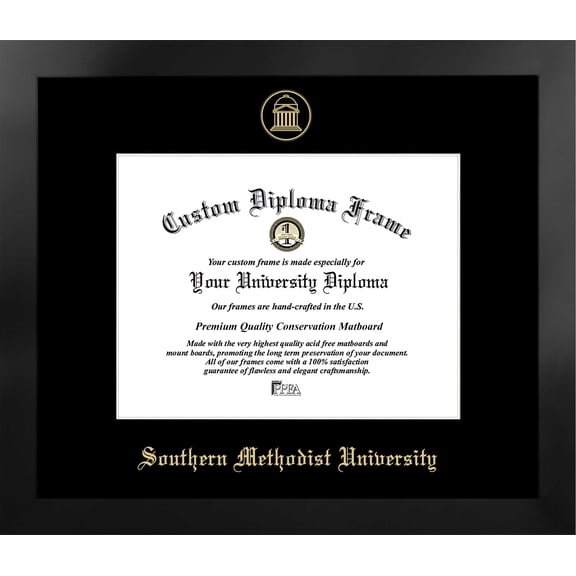 Southern Methodist University 11w x 8.5h Manhattan Black Single Mat Gold Embossed Diploma Frame with Bonus Campus Images Lithograph (value savings at $59)
