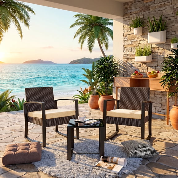 3 Piece Outdoor Rocking Chairs Set with Glass Table, All-Weather Patio Furniture Set for Porch, Poolside, Backyard, Beige