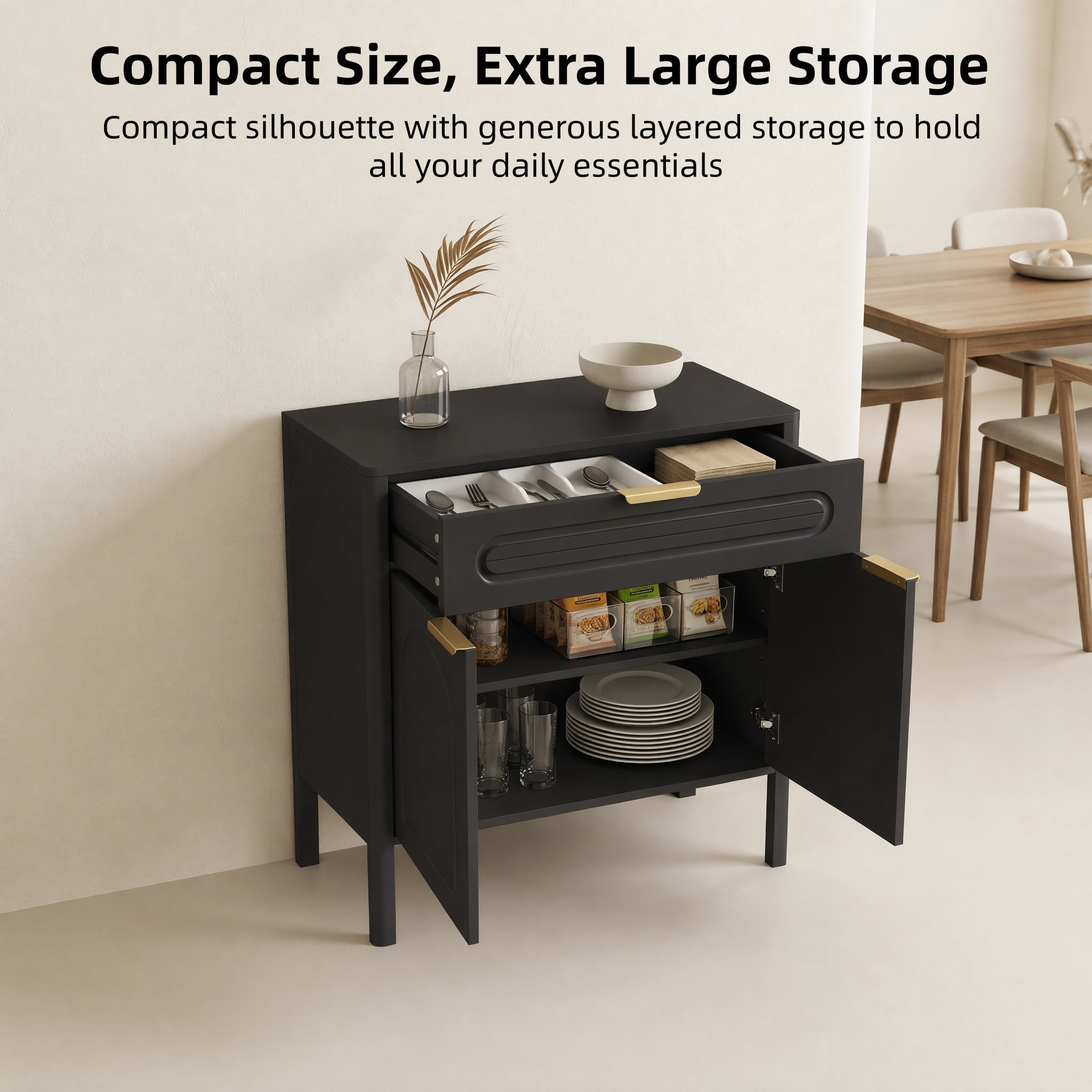 GARITIN Arched Accent Storage Cabinet 29.5 Inch, Freestanding Sideboard Buffet with Drawer and Gold Metal Handles for Entryway Living Room, Black