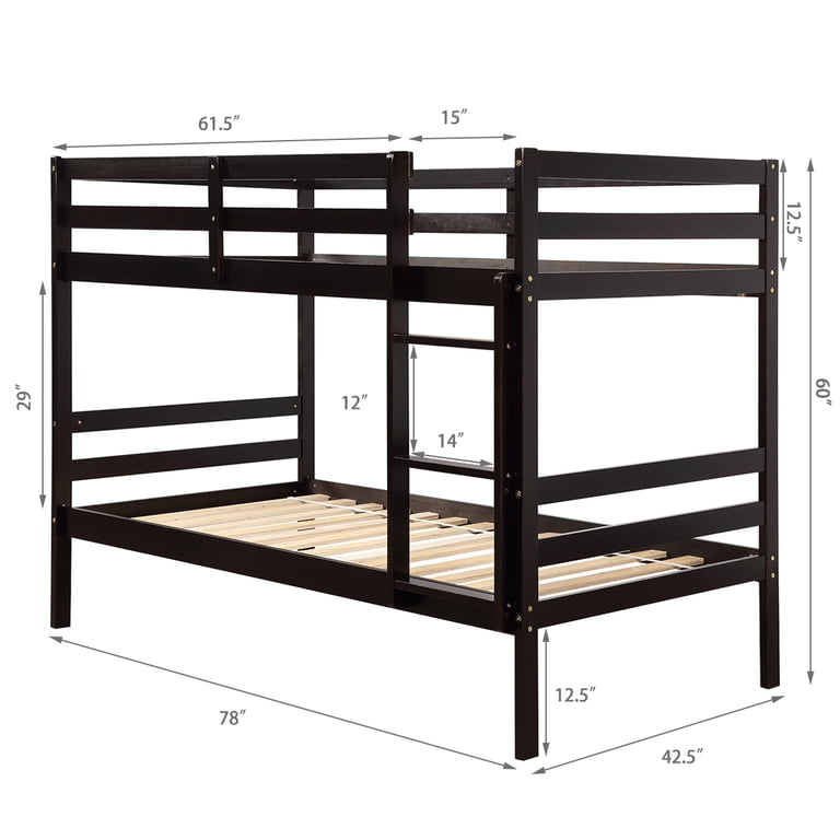 Costway Twin Over Twin Wood Bunk Bed with Ladder, Espresso photo 3