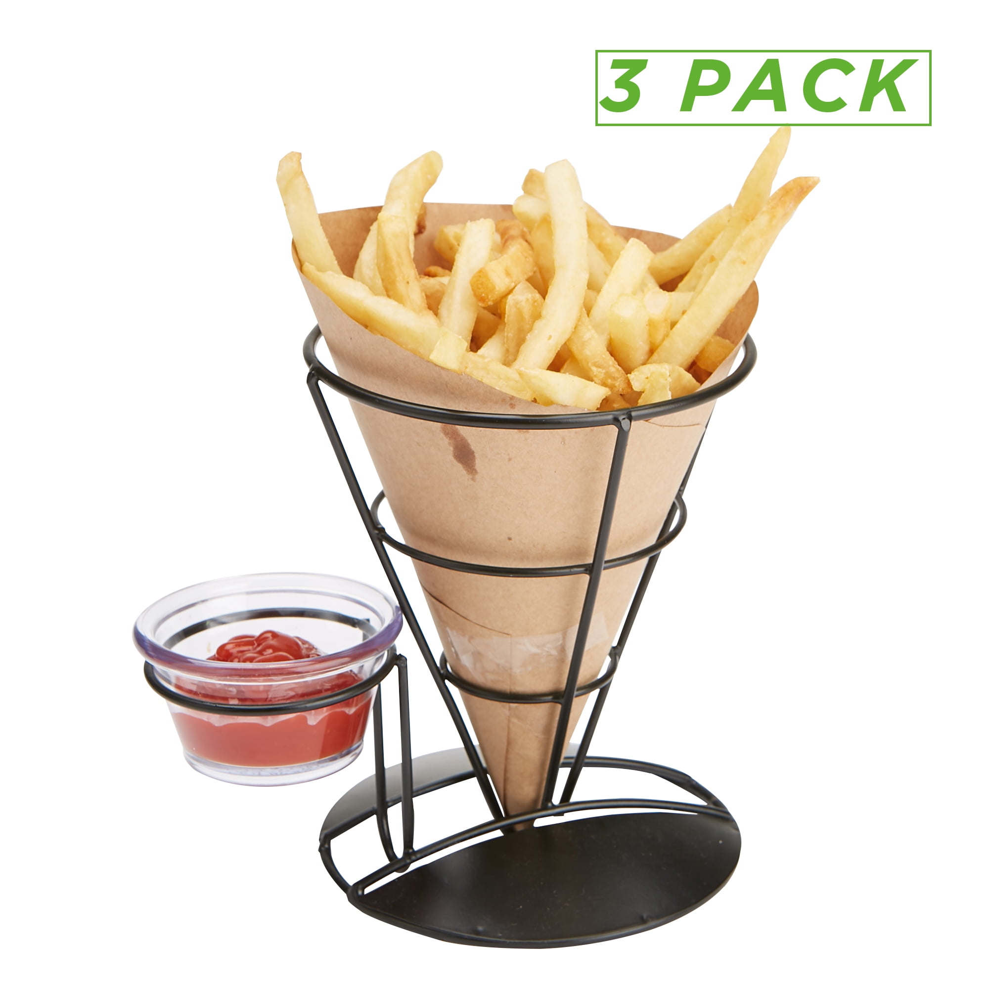 Mind Reader French Fry Cone Holder, French Fry Stand Cone with Dip Compartment, Black 3 Pack