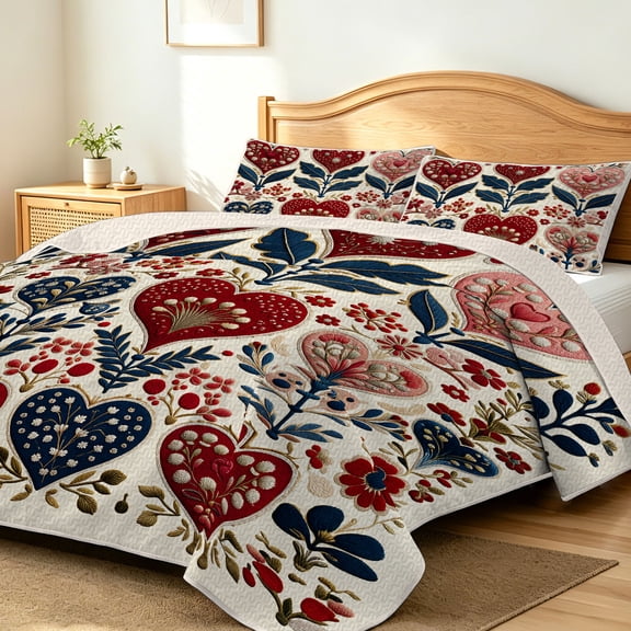 FIVERAM Quilts for King Bed,3 Piece Folk‑Art Heart Floral Bedspread King Size,Heart & Botanical Bedding Set,Reversible Bed Cover for Bedroom Decor