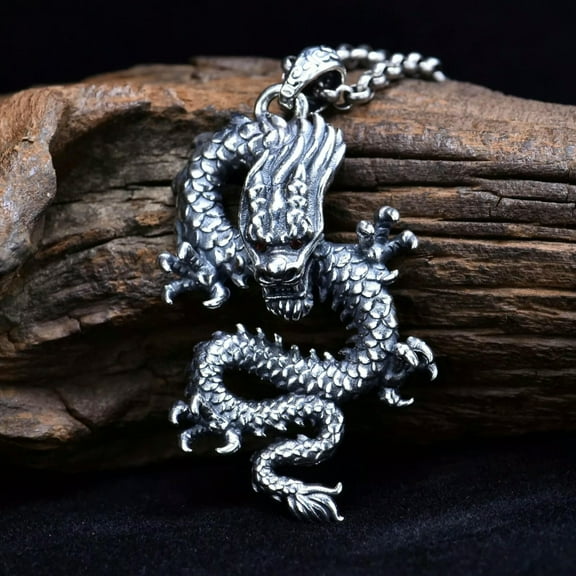 HOOUN Solid 925 Sterling Silver Men Women Lucky Unique Retro Carved Dragon Pendant 19g