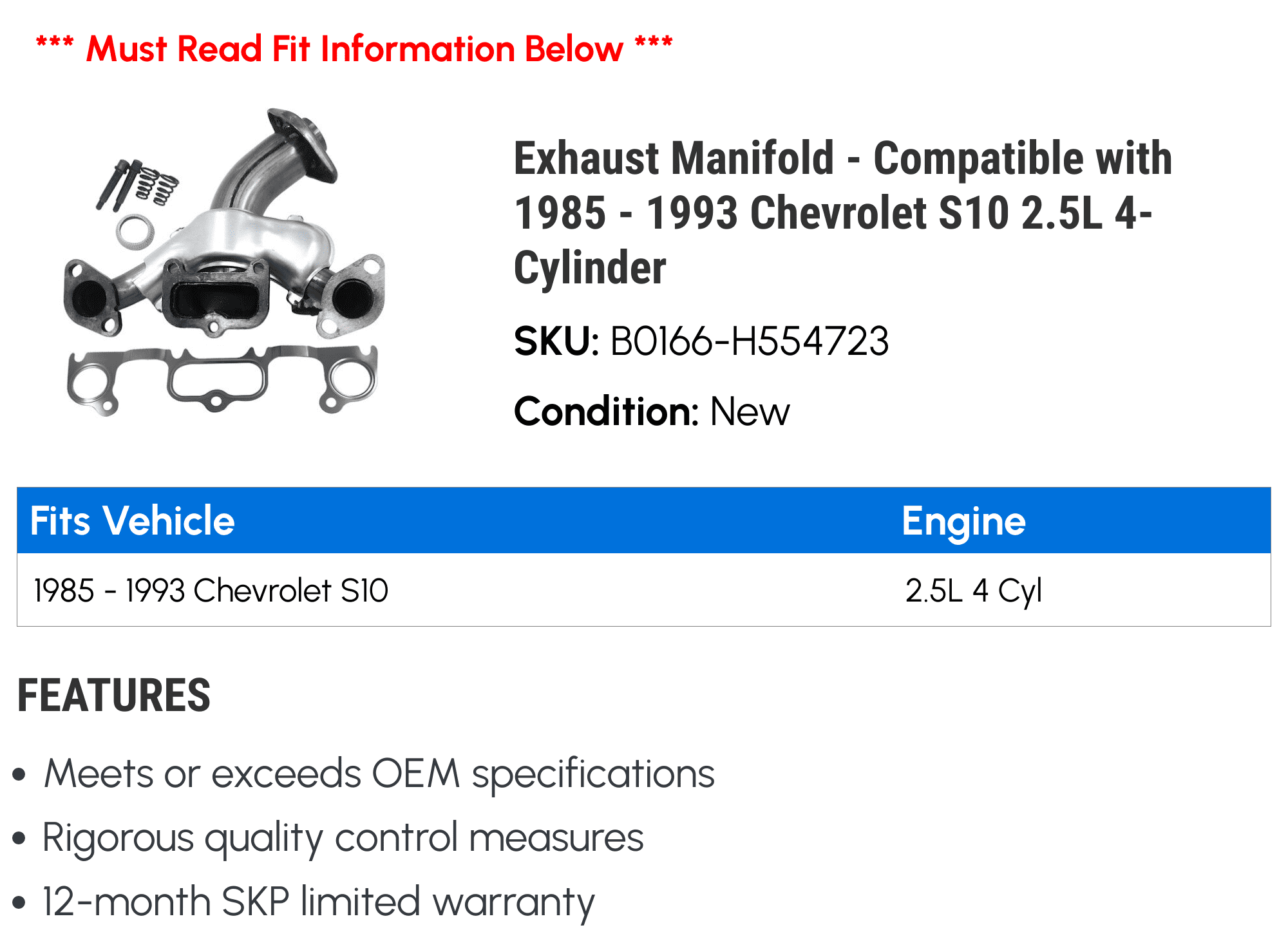 Exhaust Manifold - Compatible with 1985 - 1993 Chevy S10 2.5L 4-Cylinder 1986 1987 1988 1989 1990 1991 1992