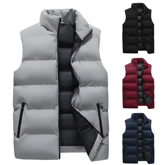 Huankd Mens Puffer Vest Winter Warm Puffy Vest Jacket for Men Stand Collar Sleeveless Coat with Pockets Casual Outwear Light Gray M