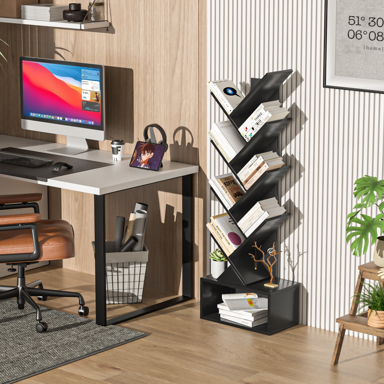 Modern Tree Bookshelf 8 Tier Zigzag Bookcase with Drawer, Vertical Storage Shelf for Books & Décor, Space-Saving Design, Black