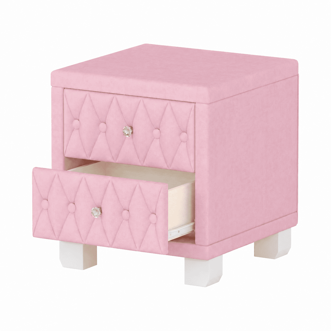 GARITIN Elegant Velvet Nightstand with 2 Drawers & Crystal Handle, Storage Bedside Table with Button-Tufted Design for Bedroom Guest Room, Pink