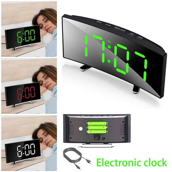 AMERTEER Curved Silent Digital Electric LED Alarm Clock Battery Powered Mirror Large Display Home Kids Bedroom Bedside Table Clock