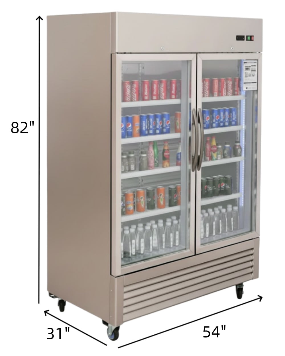 54” Commercial Reach in Refrigerato 47Cu Ft, Double Glass Door, Stainless Steel Fridge, NSF certified