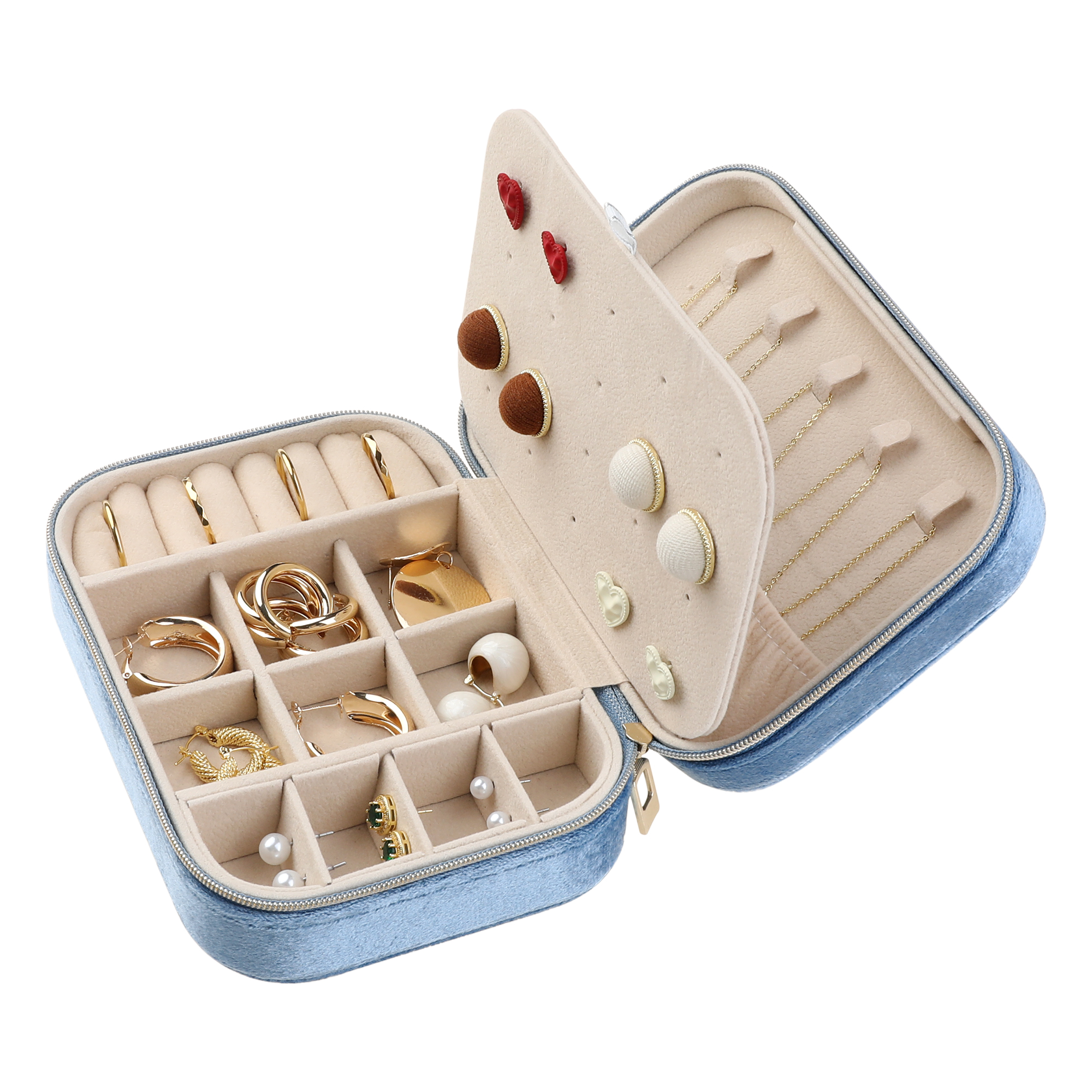 Unique Bargains Travel Jewelry Box Small Portable Plush Velvet Jewelry Organizer Case Blue