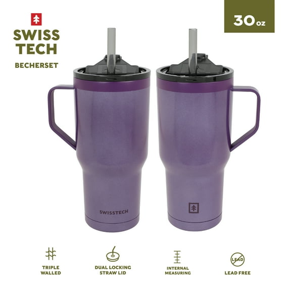 Swiss Tech 30 oz Triple Wall Stainless Steel Tumblers with Handles & Leakproof Lids, 2-Pack