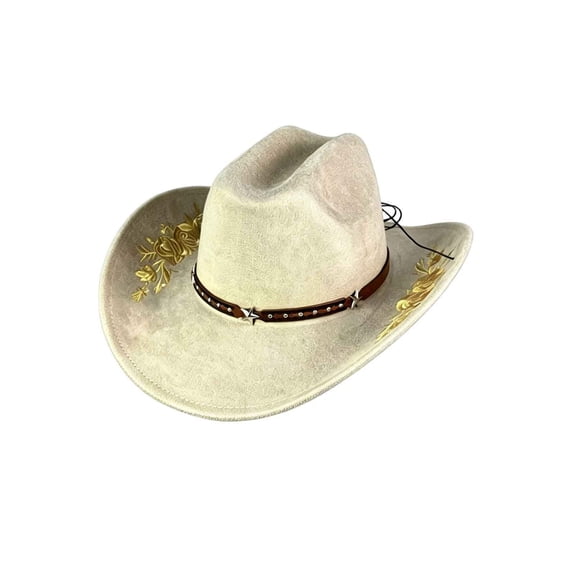 TEAJOPSUU Womens Western Cowboy Hats Shapeable Big Wide Brim Cowgirl Hat with Embroidery Chin Strap Classic Style Hats Beige