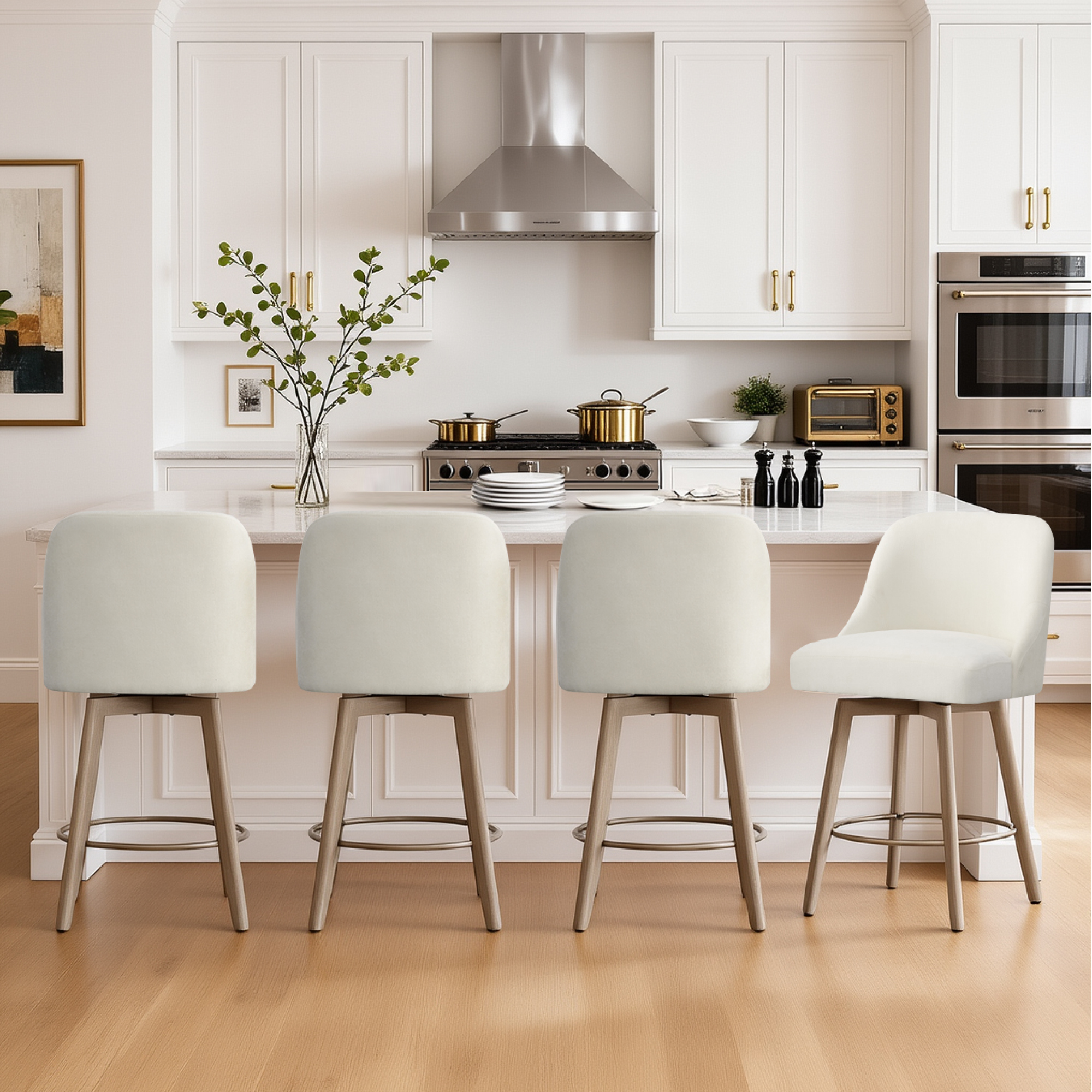 Spruce & Spring Modern Swivel Counter Stool with Upholstered Seat and Rounded Back for Kitchen or Bar Set of 2, Ivory