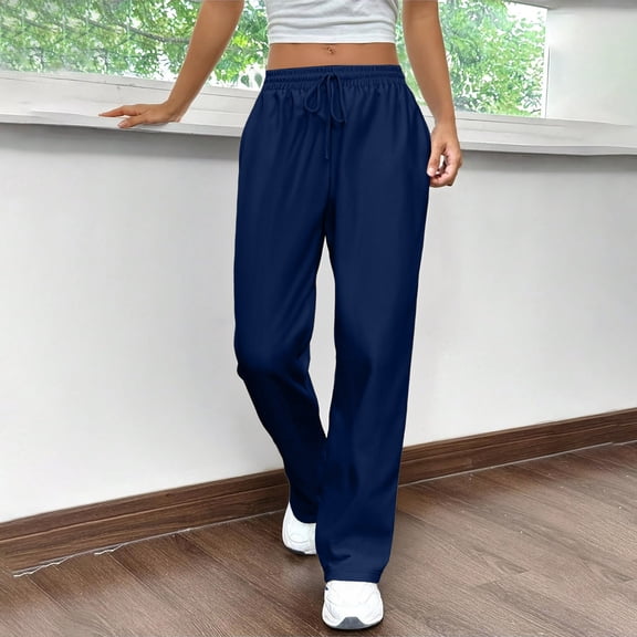Women's Wide Leg Sweatpants Fleece Lined Baggy Straight Leg Lounge Pants Fall Outfits Athletic Joggers with Pockets 2025 Navy L