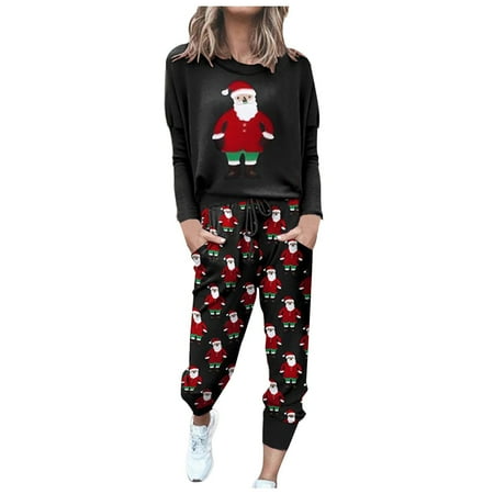 

KIJBLAE Sales Womens Christmas Pajamas for Xmas Elk Reindeer Color Block 2 Piece Print Pjs Sets Matching Loungewear Outfits for Holiday Black L