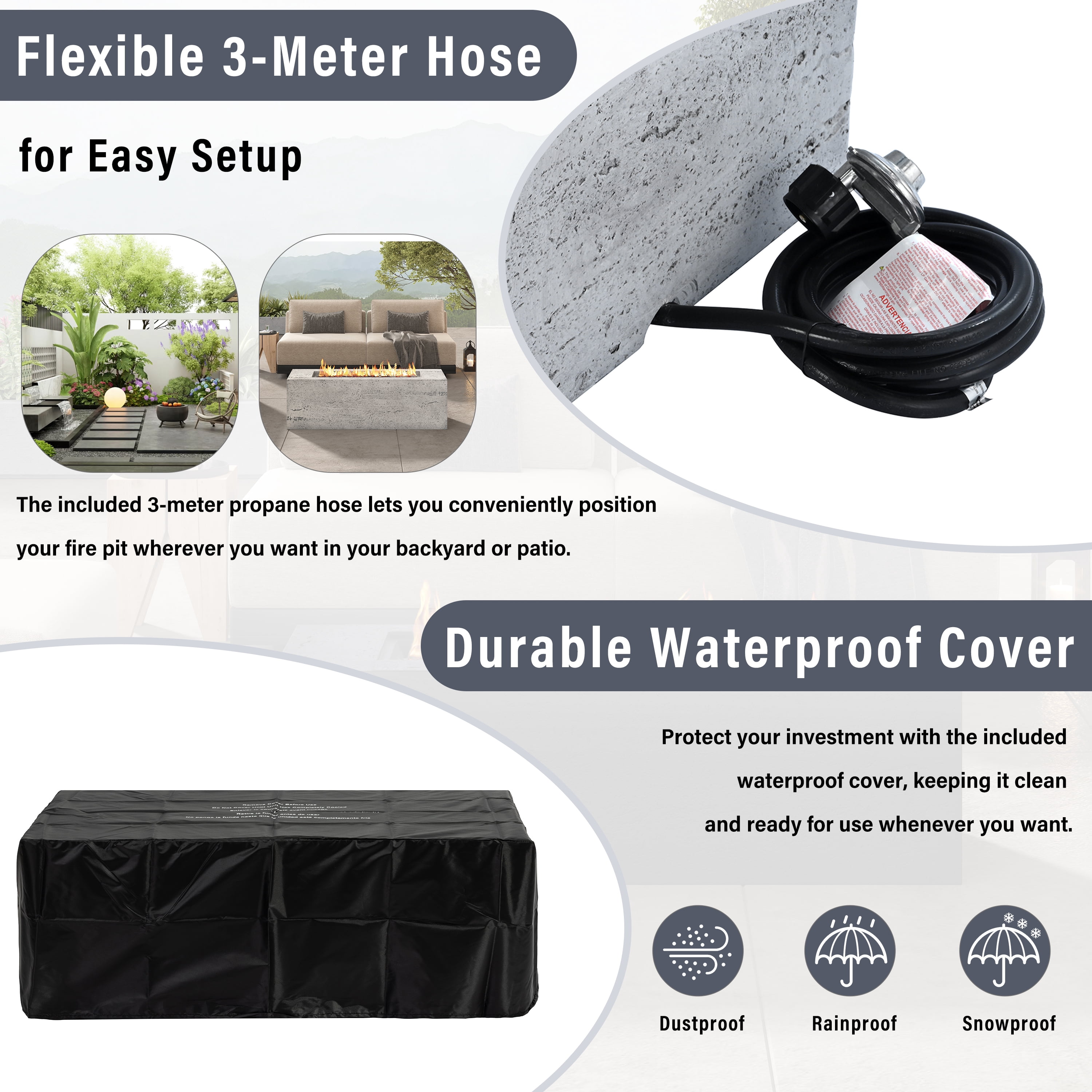 Harper & Bright Designs Outdoor Rectangular Propane Fire Pit 40000 BTU, 41.9''MGO Patio Heater with Stainless Steel Burner and Free Lava Rocks, Waterproof Cover for Courtyard, Gray