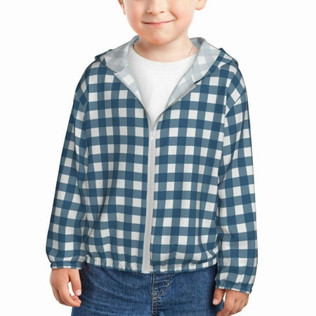 

Sun Hoodie for Kids blue gingham check plaid Long Sleeve Swim Fishing Shirts Sun Protection Zip Up Jacket Clothing Athletic Hoodie