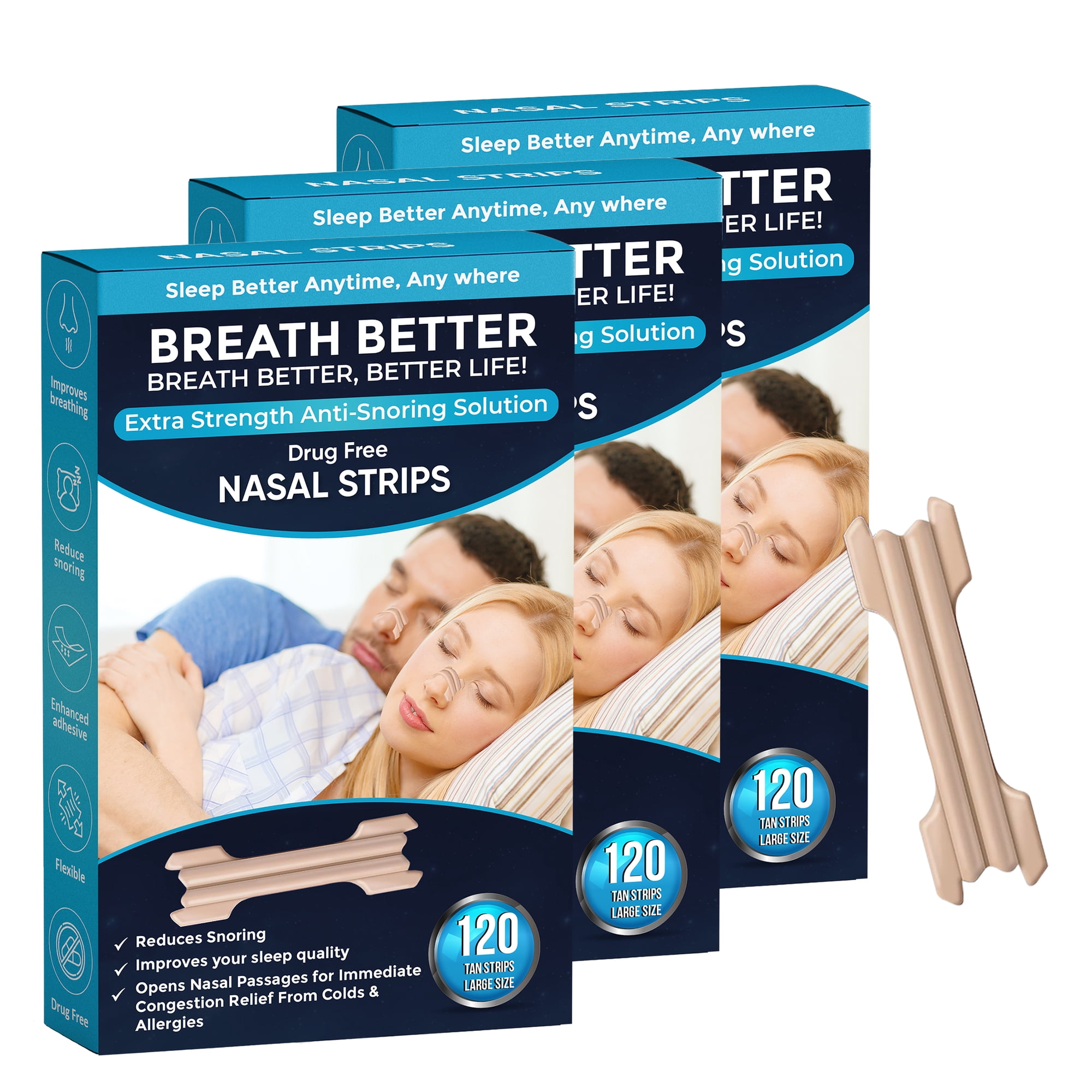 Breath Better Large Tan Nasal Strips, Extra Strength Anti Snoring Solution,Drug-Free,Works Instantly to Improve Sleep, Reduce Snoring,Relief Congestion Caused by Colds & Allergies 360 Pieces