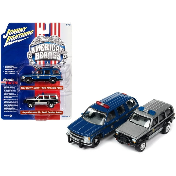 1997 Chevrolet Tahoe Blue with Gold Stripes and Jeep Cherokee XJ Black and Silver 1/64 Diecast Model Cars by Johnny Lightning