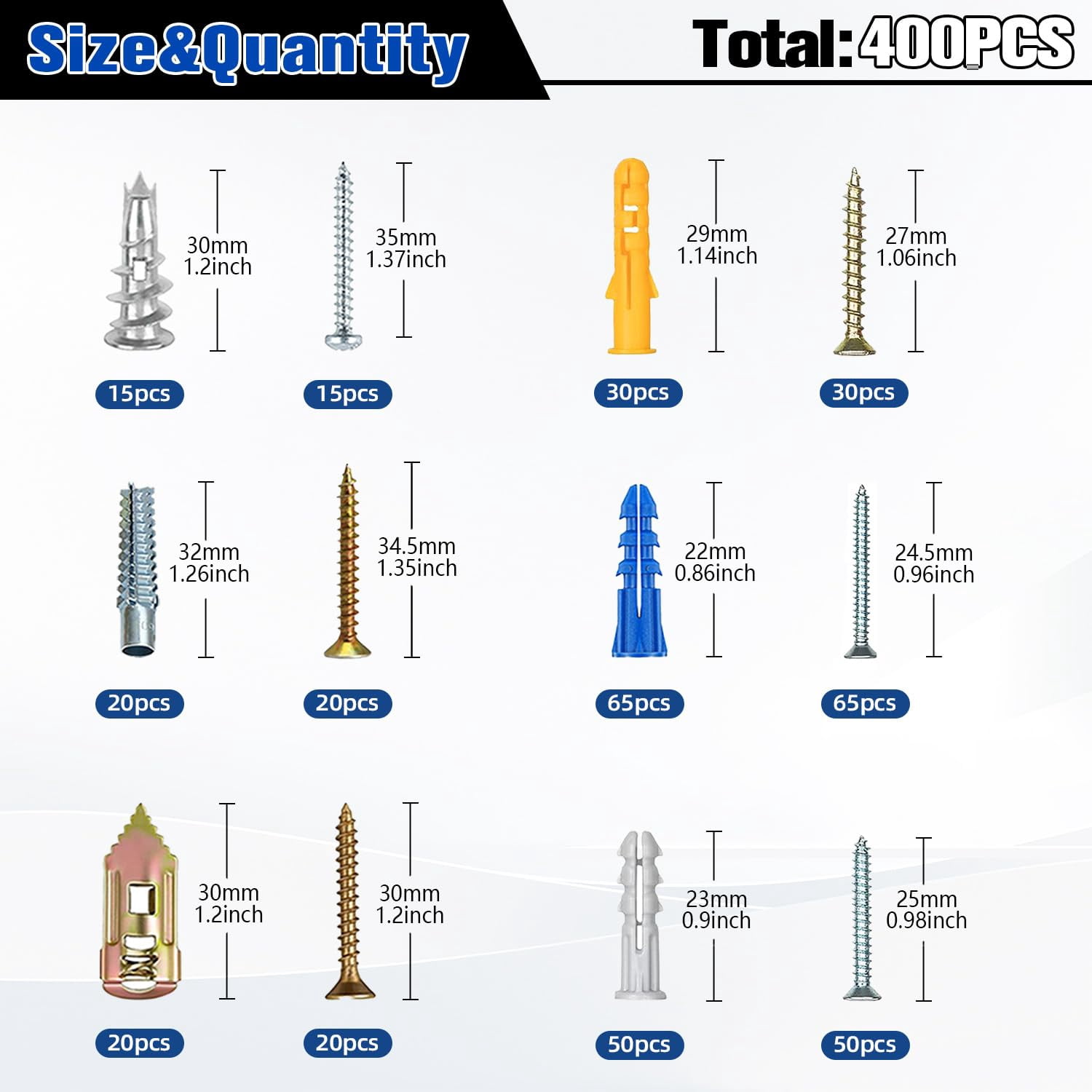 Drywall Anchors Assortment Kit, 400Pcs 6 Sizes Self Drilling and Plastifc Wall Anchors, Drywall Hanging Set for Pictures, Frames, Mirrors and Shelves, Bit Included