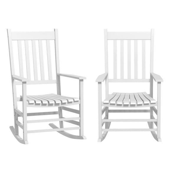 Wooden Rocking Chairs Set of 2, Outdoor Rocker, White Poplar Wood, Slatted Seat, Curved Armrests, High Back Porch Chairs