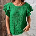 thumbnail image 5 of Pretty Comy Women's Summer Pleated Round Neck Double Ruffle Sleeve Casual Top Solid Color T-shirt, 5 of 7